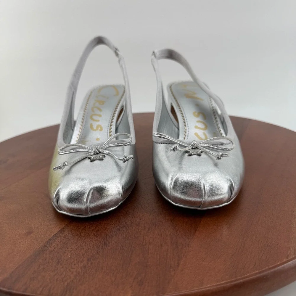 Circus NY Diane Soft Silver Slingback Block Heel Square Toe Bow Pumps Women 8.5M